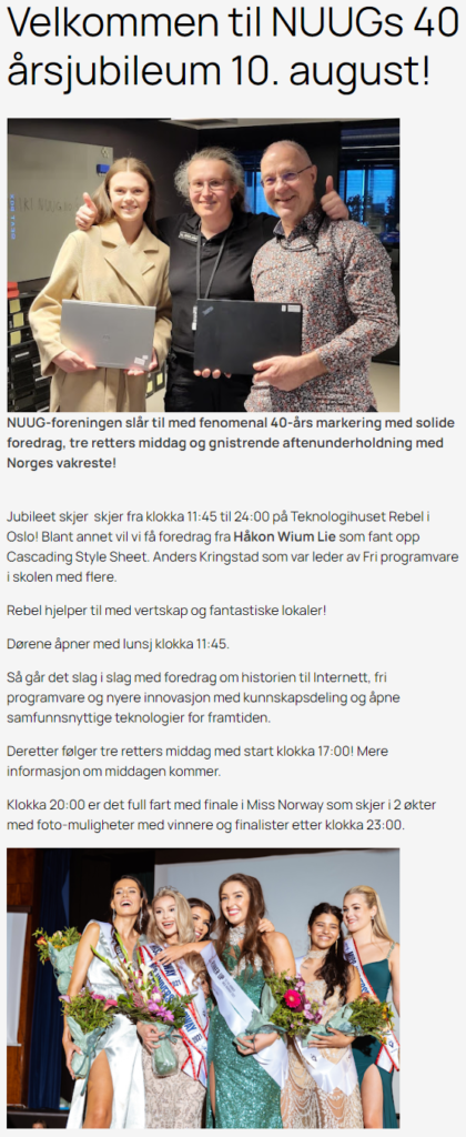 Screenshot of a portion of the registration page for NUUG's 40th anniversary celebration, which includes the finale of Miss Norway 2024 and an opportunity to take photos with the contestants.